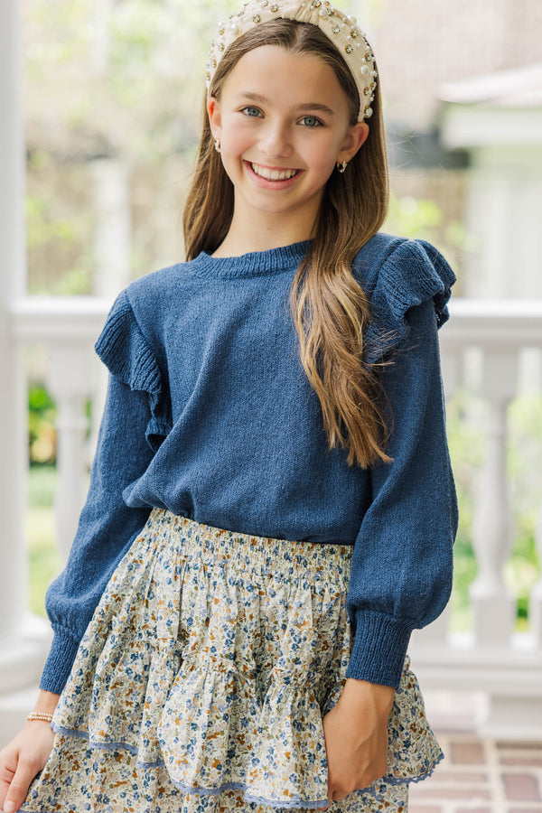 Girls: Give Me A Call Navy Blue Ruffled Sweater