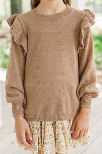 Girls: Give Me A Call Taupe Ruffled Sweater