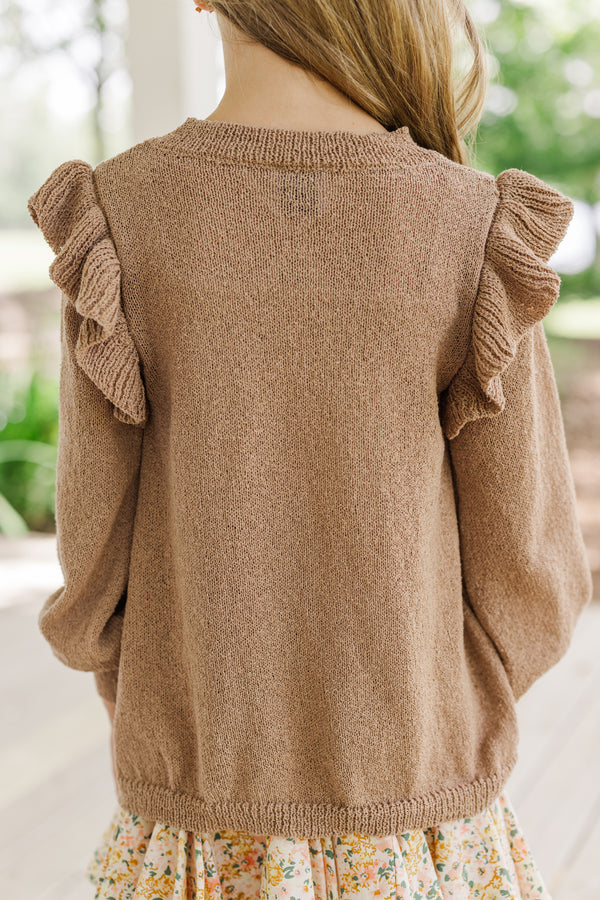 Girls: Give Me A Call Taupe Ruffled Sweater