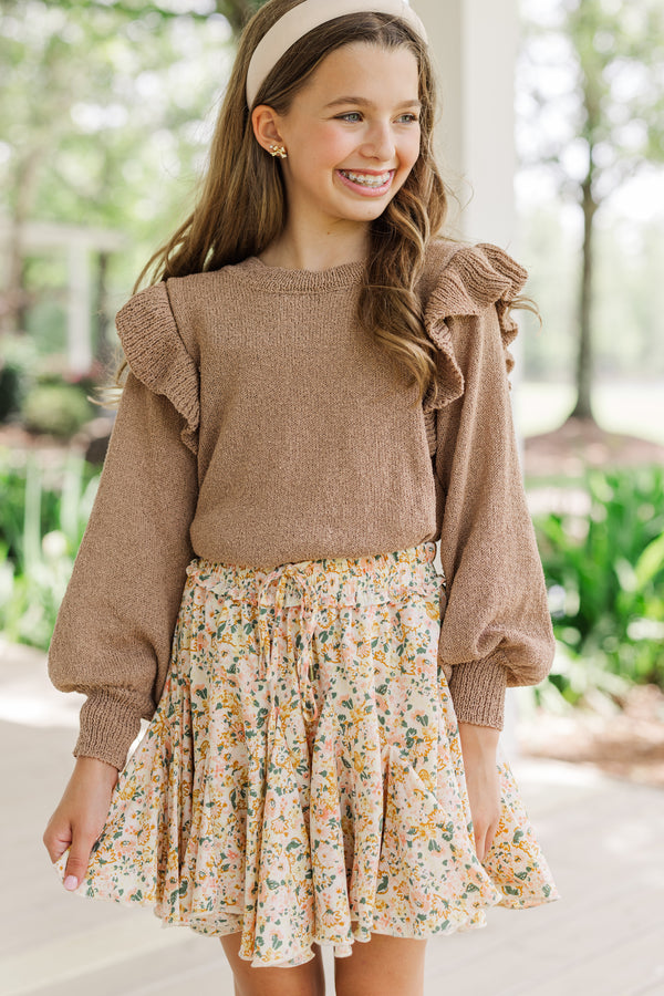 Girls: Give Me A Call Taupe Ruffled Sweater