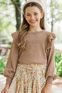 Girls: Give Me A Call Taupe Ruffled Sweater