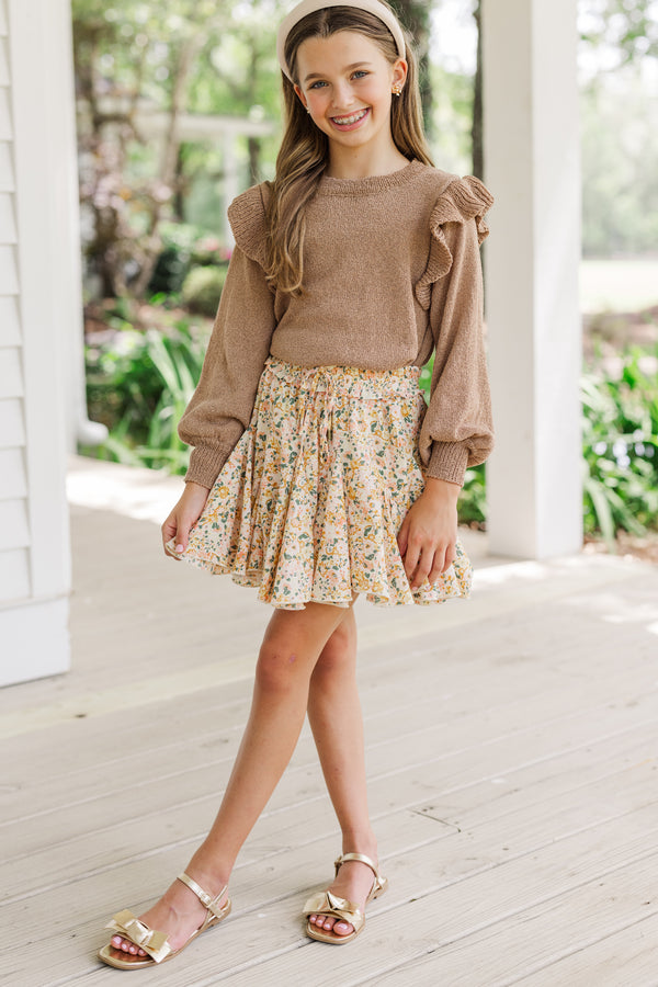 Girls: Give Me A Call Taupe Ruffled Sweater