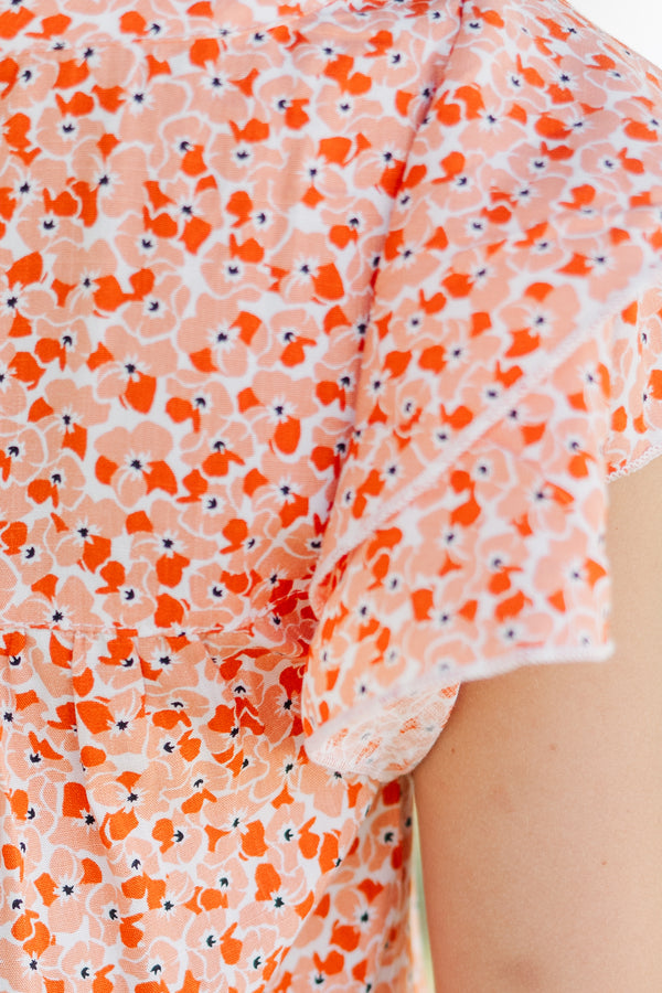 Girls: Join You Later Orange Ditsy Floral Top