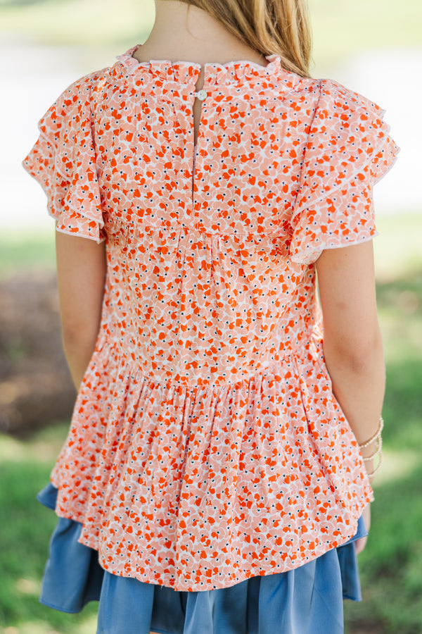 Girls: Join You Later Orange Ditsy Floral Top