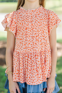 Girls: Join You Later Orange Ditsy Floral Top