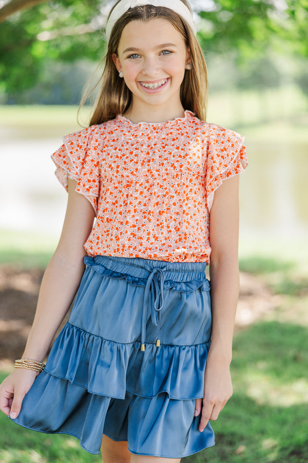 Girls: Join You Later Orange Ditsy Floral Top