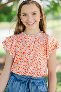 Girls: Join You Later Orange Ditsy Floral Top