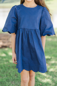 Girls: Time Goes By Navy Blue Scalloped Dress