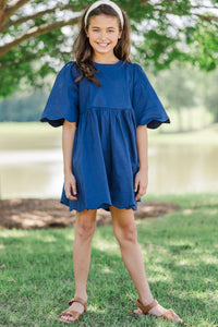 Girls: Time Goes By Navy Blue Scalloped Dress