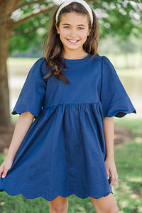 Girls: Time Goes By Navy Blue Scalloped Dress