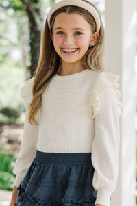 Girls: Reach Out Ivory White Ruffled Sweater