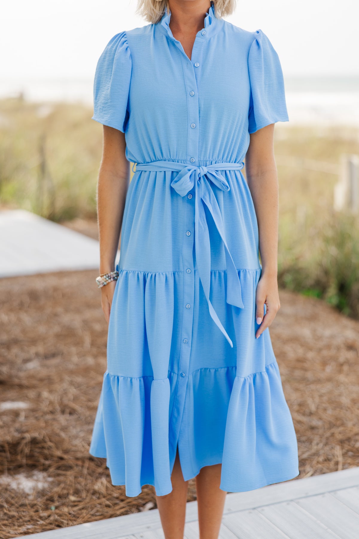 Ladies Sleeveless Button Down Dress - Mid Blue Wash