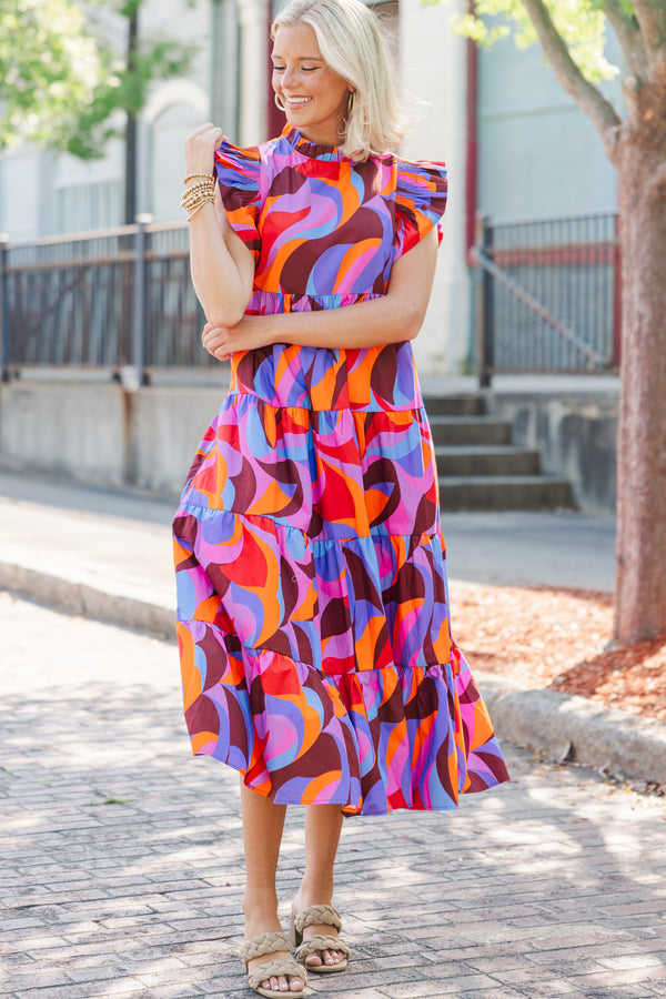 Whatever It Takes Orange Abstract Midi Dress