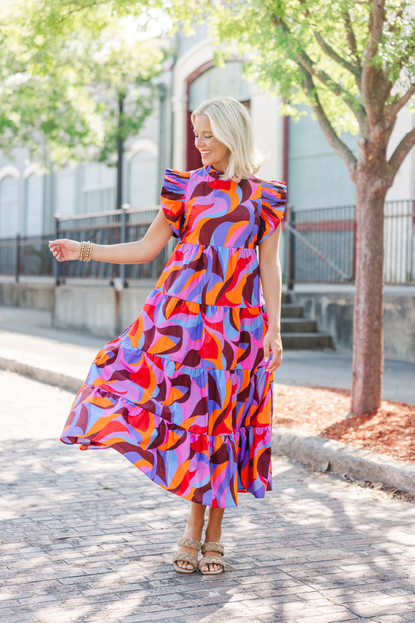 abstract midi dress Valerissa Bold abstract statement Puff sleeve midi dress