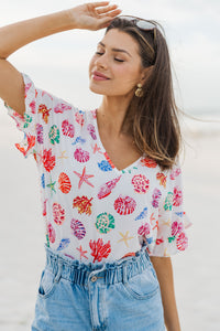 Down By The Sea Ivory White Printed Top