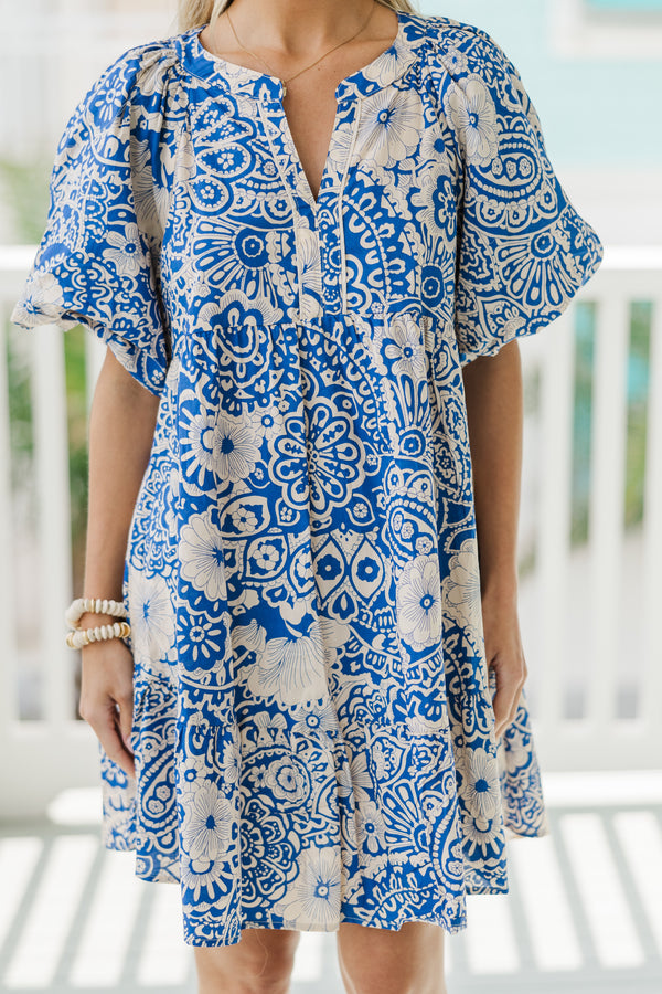 There You Go Blue Floral Bubble Sleeve Dress