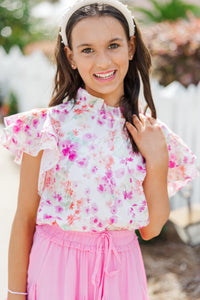 Girls: On My Heart Pink and Green Ditsy Floral Blouse