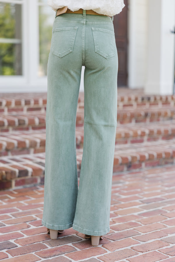 boutique denim, green jeans, trendy wide leg jeans