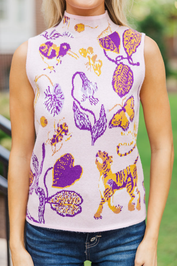 Fate: Tell It All Purple Printed Sleeveless Sweater