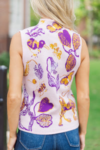 Fate: Tell It All Purple Printed Sleeveless Sweater