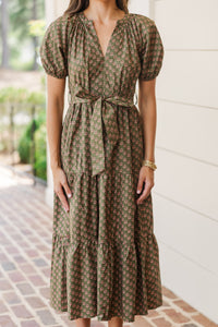 Pinch: Make Your Day Dark Olive Printed Midi Dress