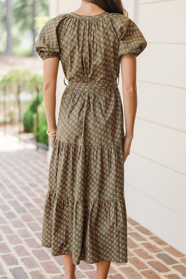 Pinch: Make Your Day Dark Olive Printed Midi Dress