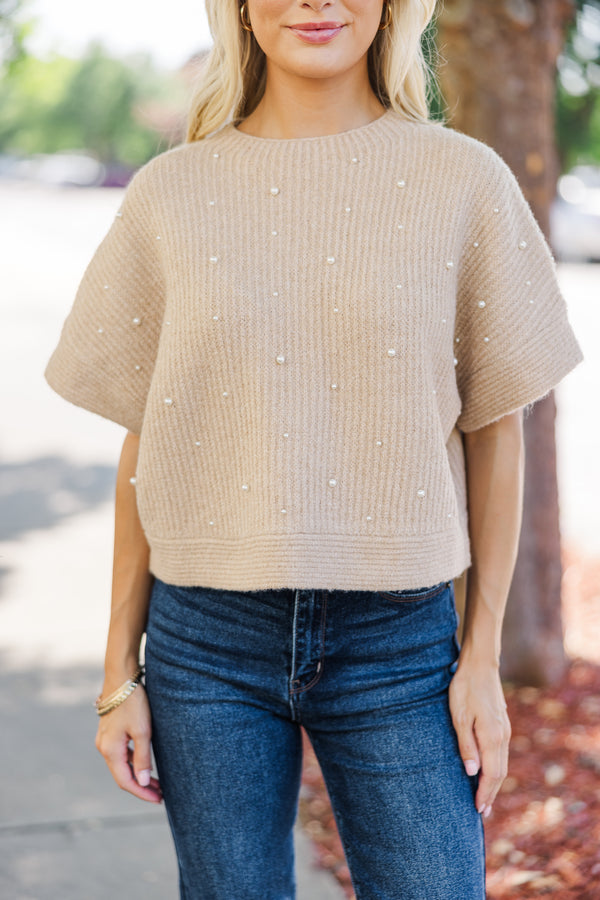 See You Soon Taupe Brown Embellished Sweater