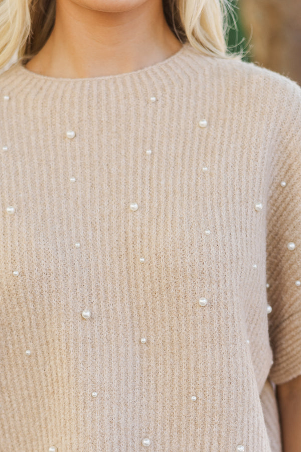 See You Soon Taupe Brown Embellished Sweater