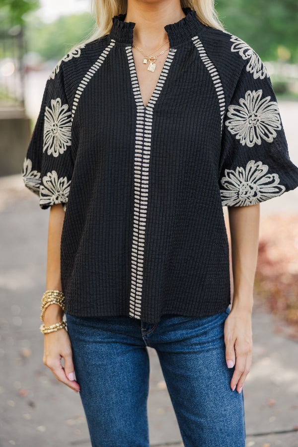 THML: Be The Light Black Embroidered Blouse