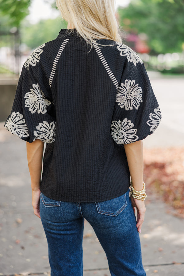 THML: Be The Light Black Embroidered Blouse