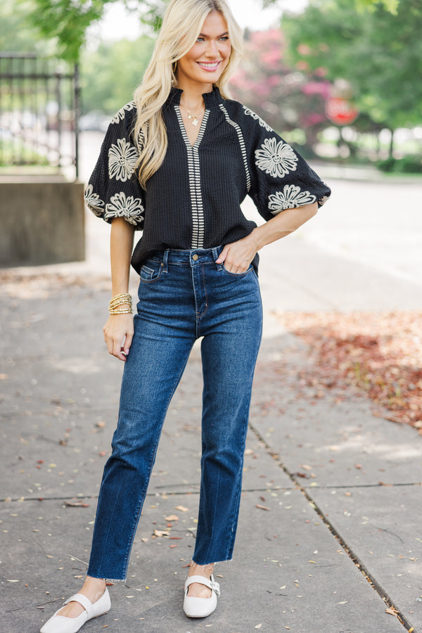 THML: Be The Light Black Embroidered Blouse