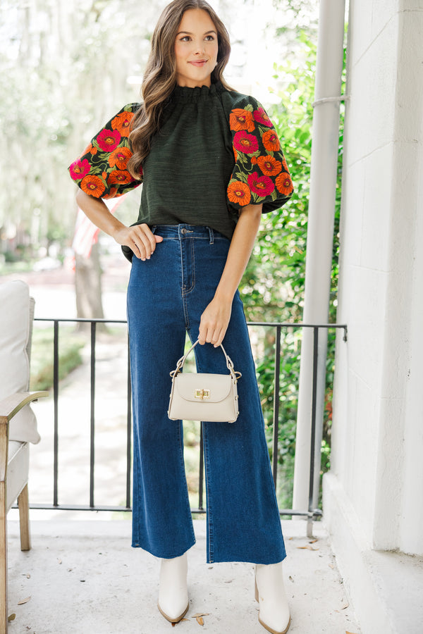 THML: Nice Days Ahead Emerald Green Embroidered Blouse