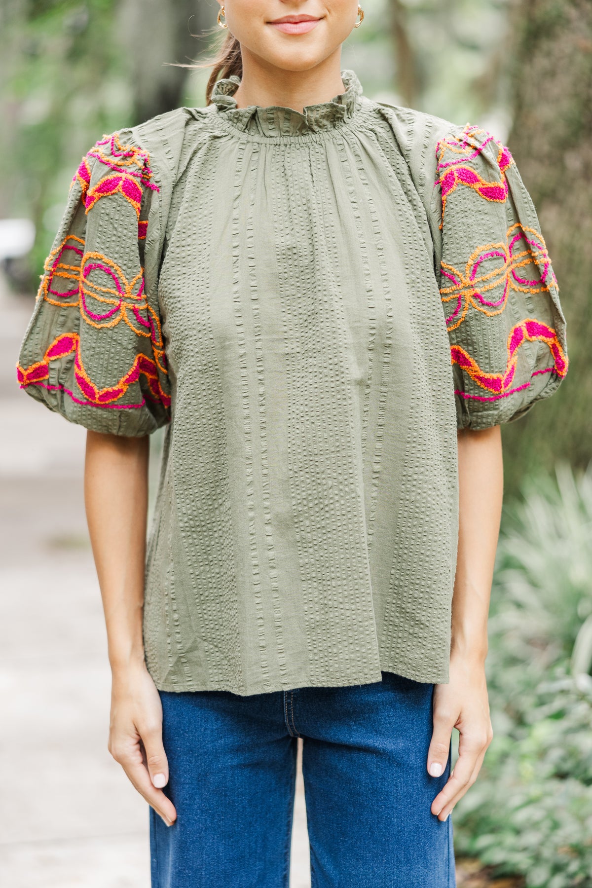 THML Daisy Green Printed top with Orange Embroidered Sleeves online