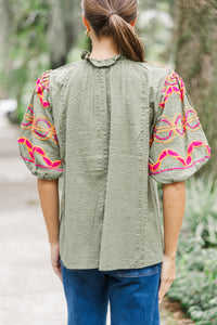 THML: Let You Know Olive Green Embroidered Blouse