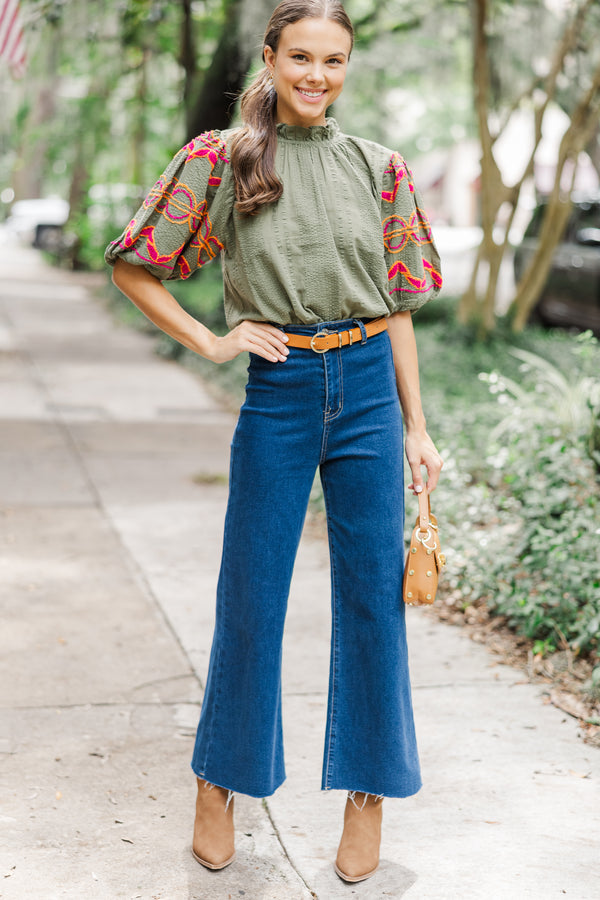 THML: Let You Know Olive Green Embroidered Blouse