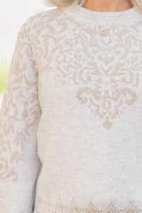 All This Time Taupe Metallic Jacquard Sweater