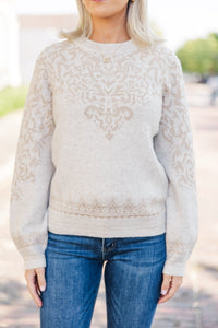 All This Time Taupe Metallic Jacquard Sweater