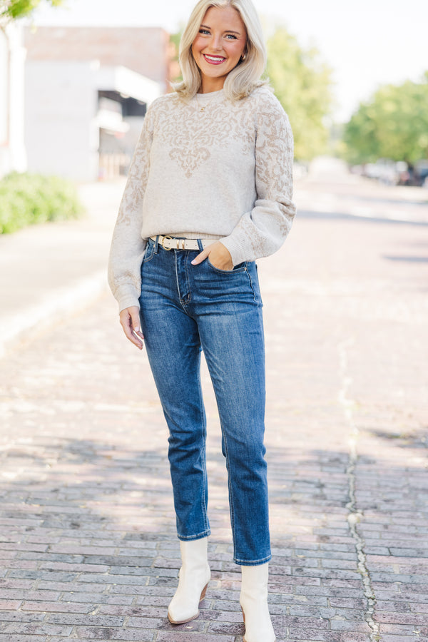 All This Time Taupe Metallic Jacquard Sweater