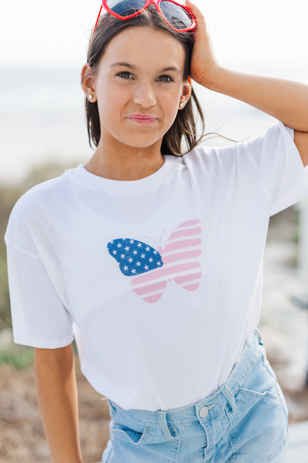 Girls: USA Pink Butterfly White Oversized Graphic Tee