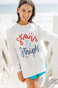 Girls: Stars & Stripes White Graphic Corded  Sweatshirt