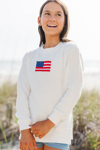 Girls: So Patriotic White American Flag Embroidered Sweatshirt