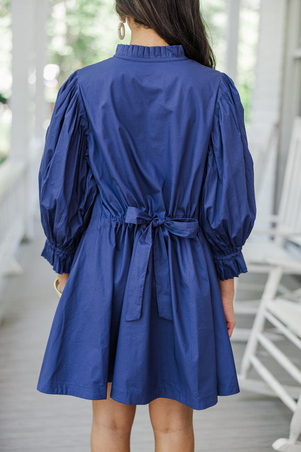 trendy navy blue dress Making Moves Navy Blue Eyelet Midi Dress