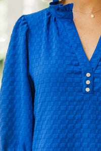 bright blue blouses, textured blouses, workwear for women, boutique blouses