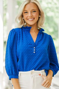 bright blue blouses, textured blouses, workwear for women, boutique blouses