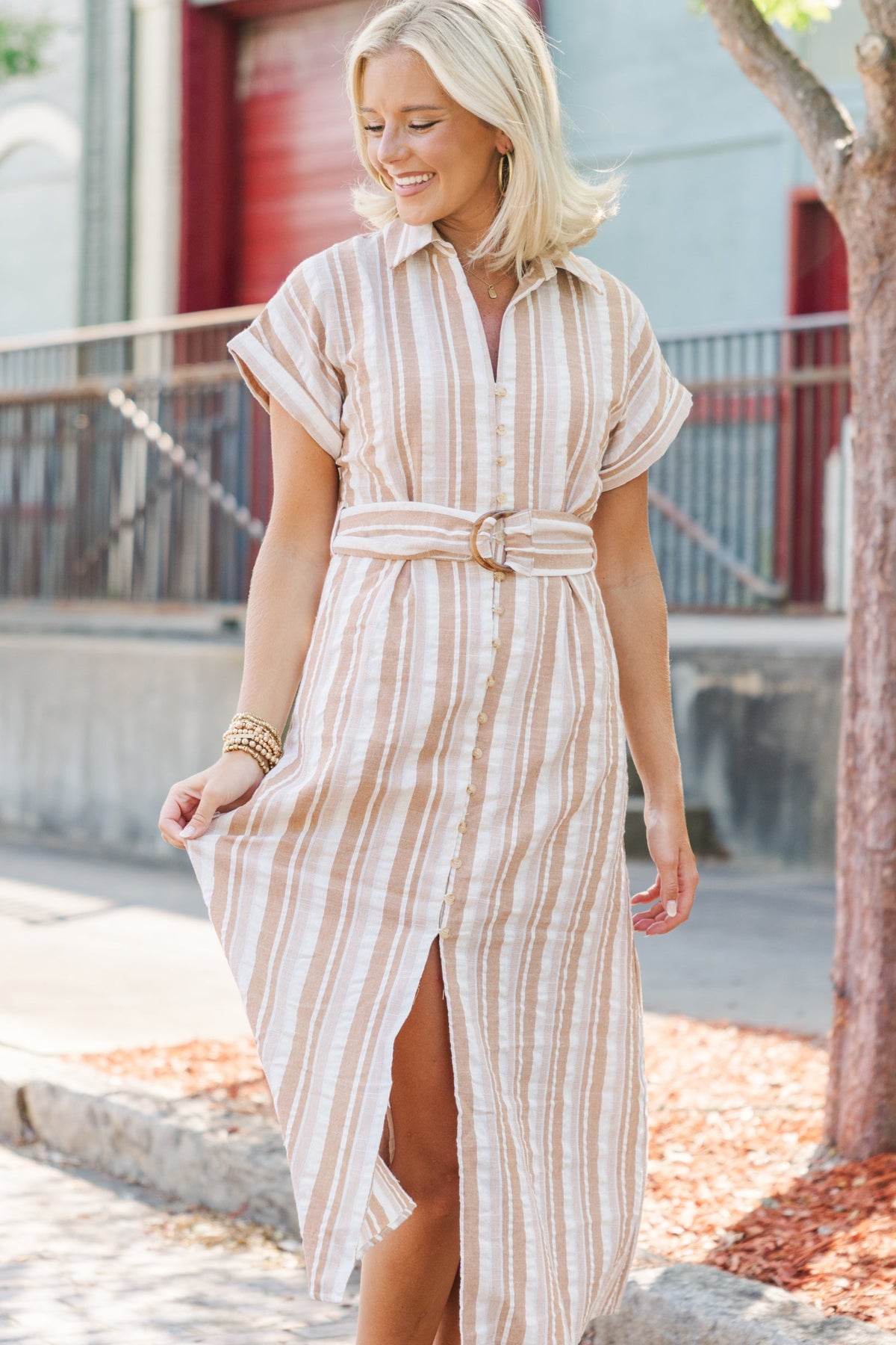 white and beige striped dress Fate: Stay Forever Cream Midi – Shop the Mint It fits true Length_Floor-length Cousin's Concert Attire - Fit:Tailored