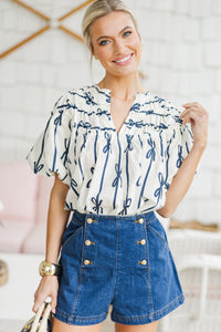 Happy To Be Off White Ribbon Printed Blouse