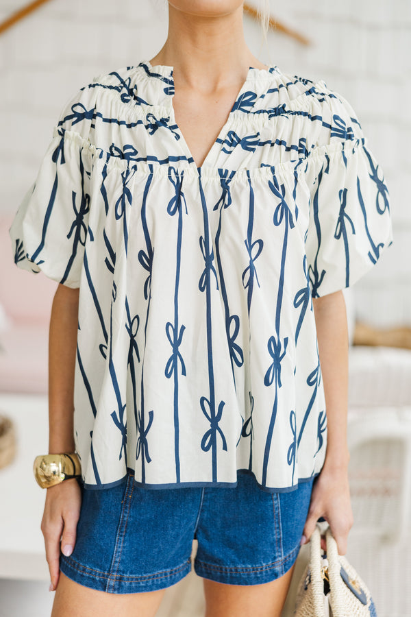 Happy To Be Off White Ribbon Printed Blouse