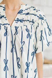 Happy To Be Off White Ribbon Printed Blouse
