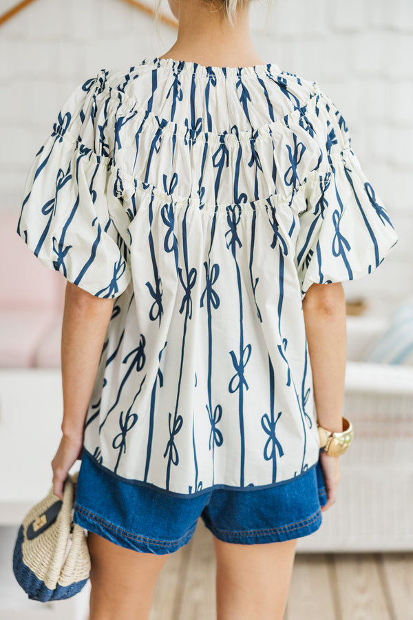 Happy To Be Off White Ribbon Printed Blouse