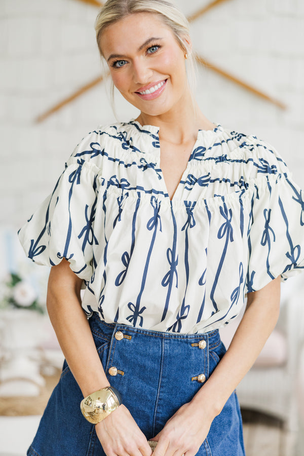 Happy To Be Off White Ribbon Printed Blouse